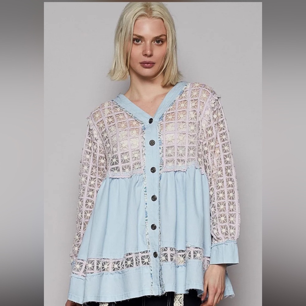 POL Denim and Crochet Lace Long Sleeve Top